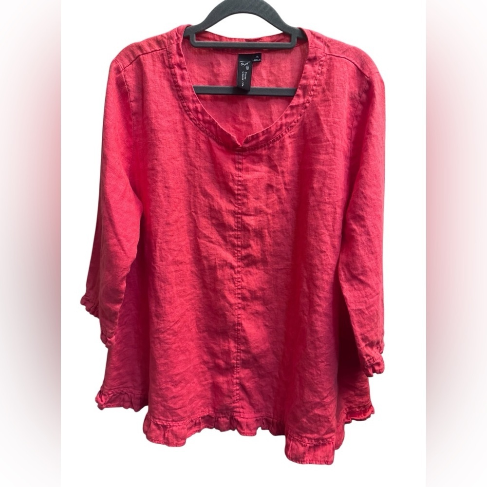 LINEN FOCUS CASUAL LIFE Coral Women's Short Sleeve Shirt V Neck Ruffle SZ M EUC